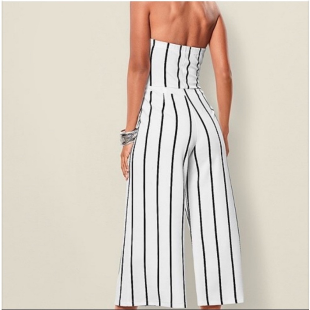 Striped Black and White Strapless Jumpsuit - Picture 2 of 9